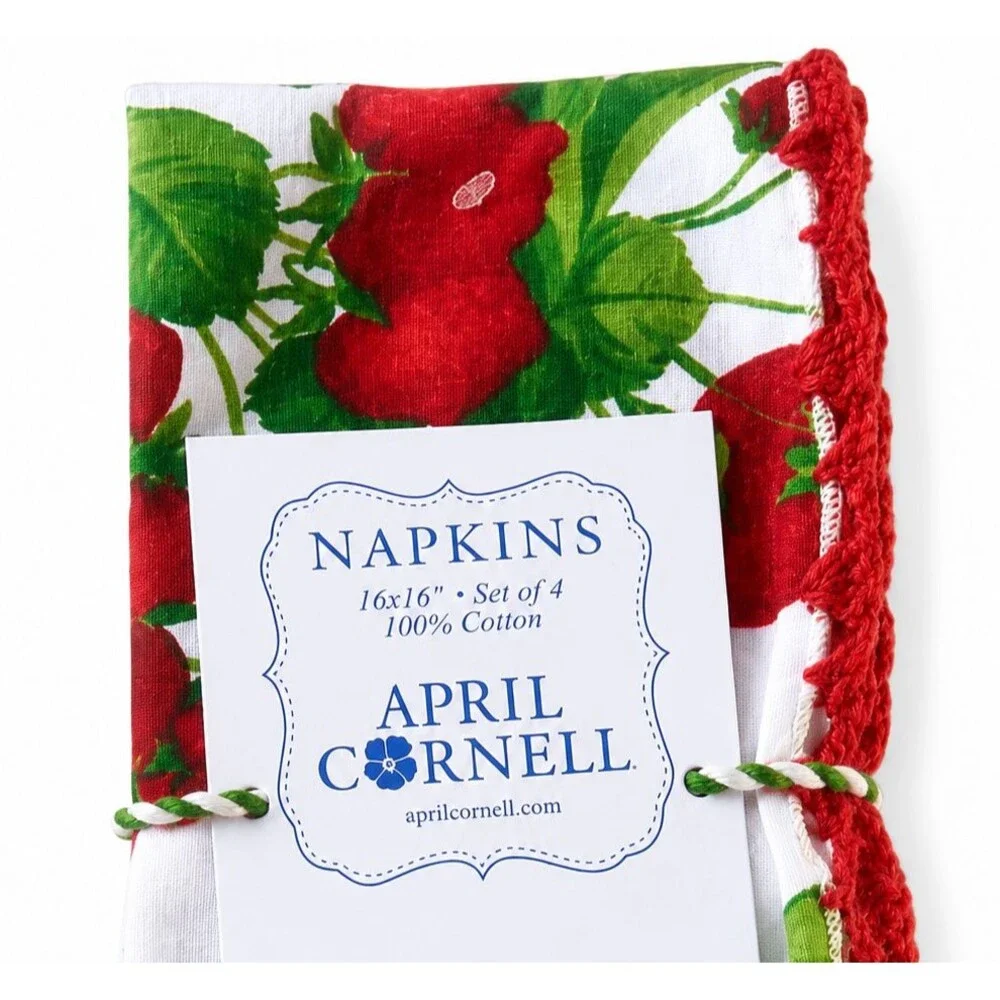 April Cornell White Red Strawberries Napkins Cotton Set of 4 Crocheted Edge